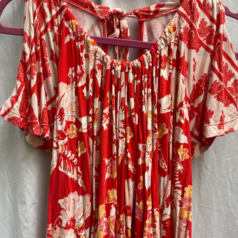 Free People Vibrant Red and Cream Floral Blouse